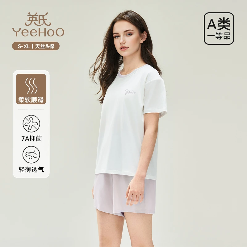 英氏青少年睡衣2025新款春夏季女短袖套装短裤薄款运动休闲家居服
