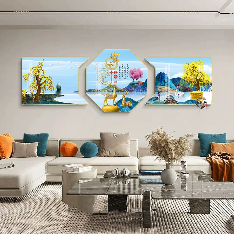 客厅装饰画现代轻奢时尚艺术简约三联挂饰壁画沙发背景墙晶瓷挂画