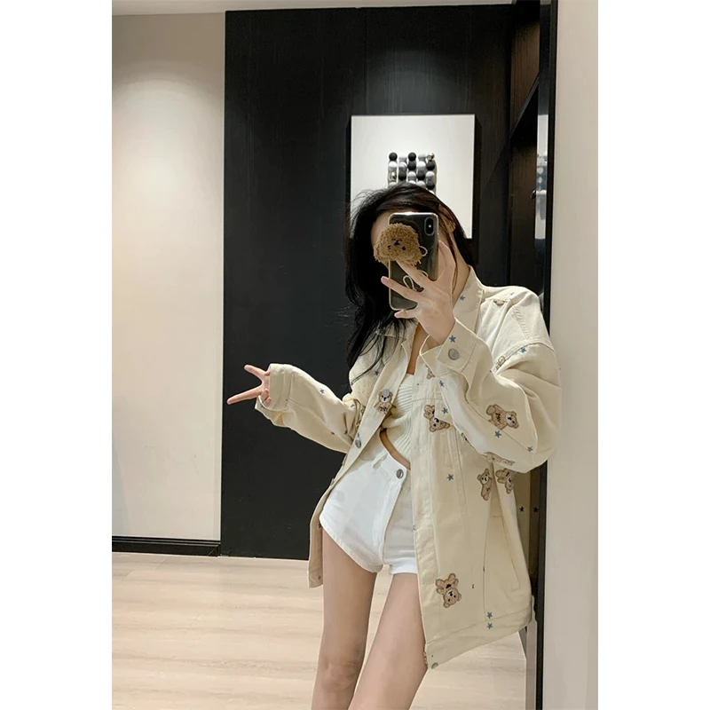 2025秋冬新款韩系时尚设计感小熊刺绣长袖外套高腰修身休闲短裤女