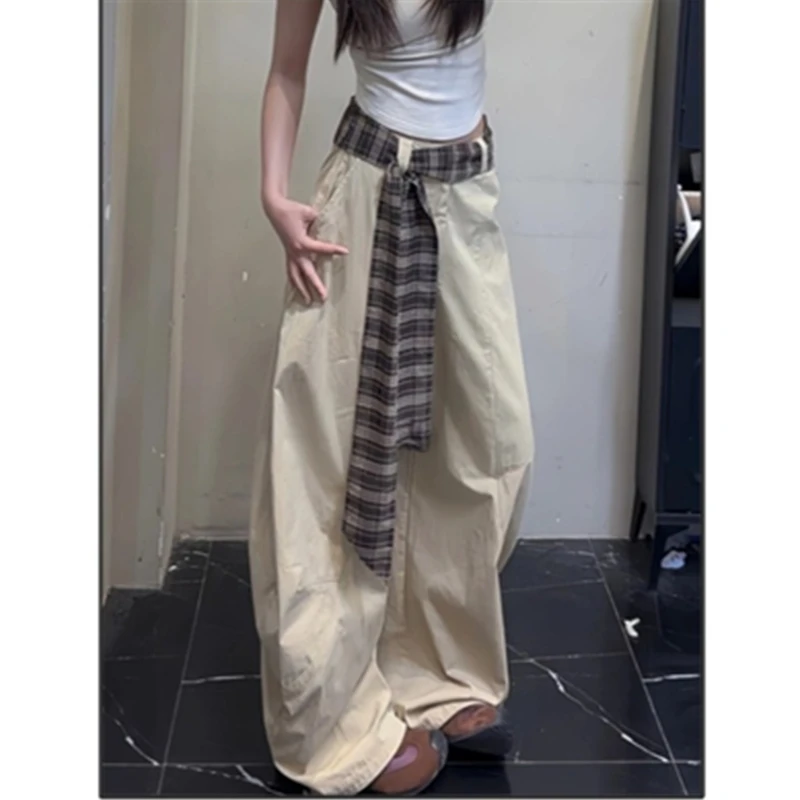 美式复古卡其色格子腰带拼接弯刀阔腿裤女夏季高街宽松休闲镰刀裤