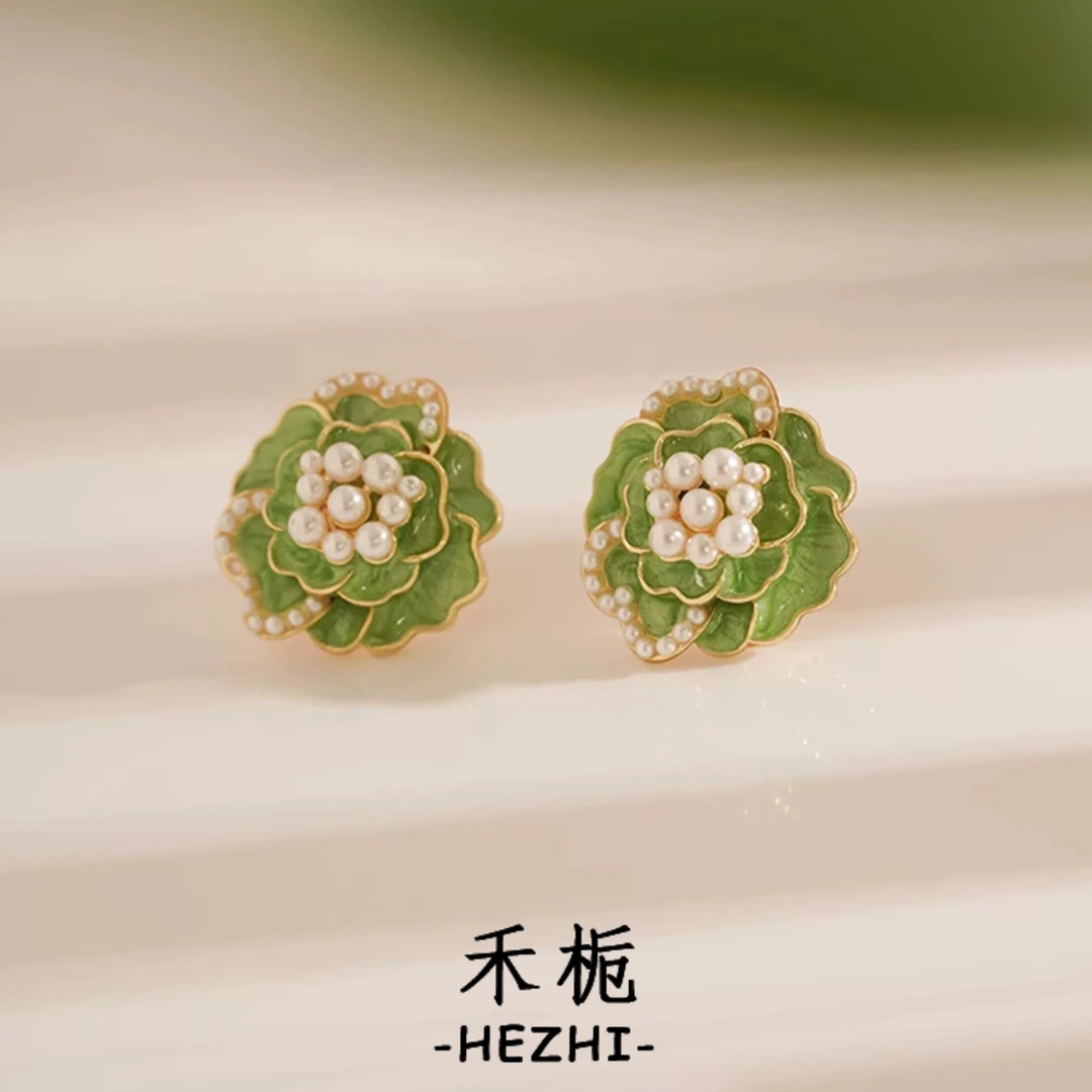 铜合金合成锆石耳饰 金色优雅时尚气质植物花卉耳钉女绿色日韩