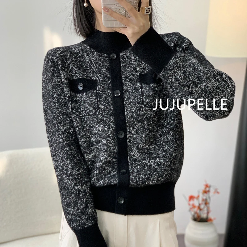 绵羊毛2024秋冬新款洋气小香风针织衫女宽松显瘦圆领外套长袖上衣