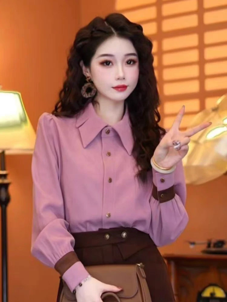 502港风复古撞色拼接设计感衬衫女春季新款百搭显瘦上衣时尚衬衫