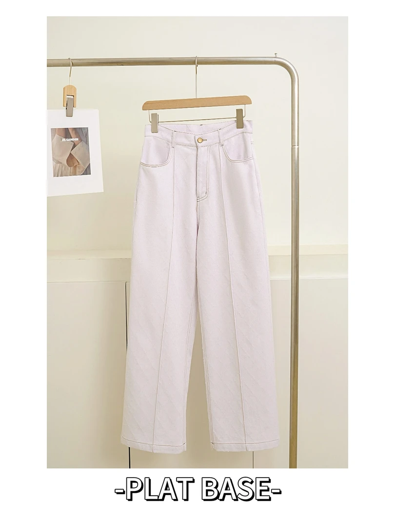 2024春季新款韩国白色菱格牛仔裤通勤设计感休闲