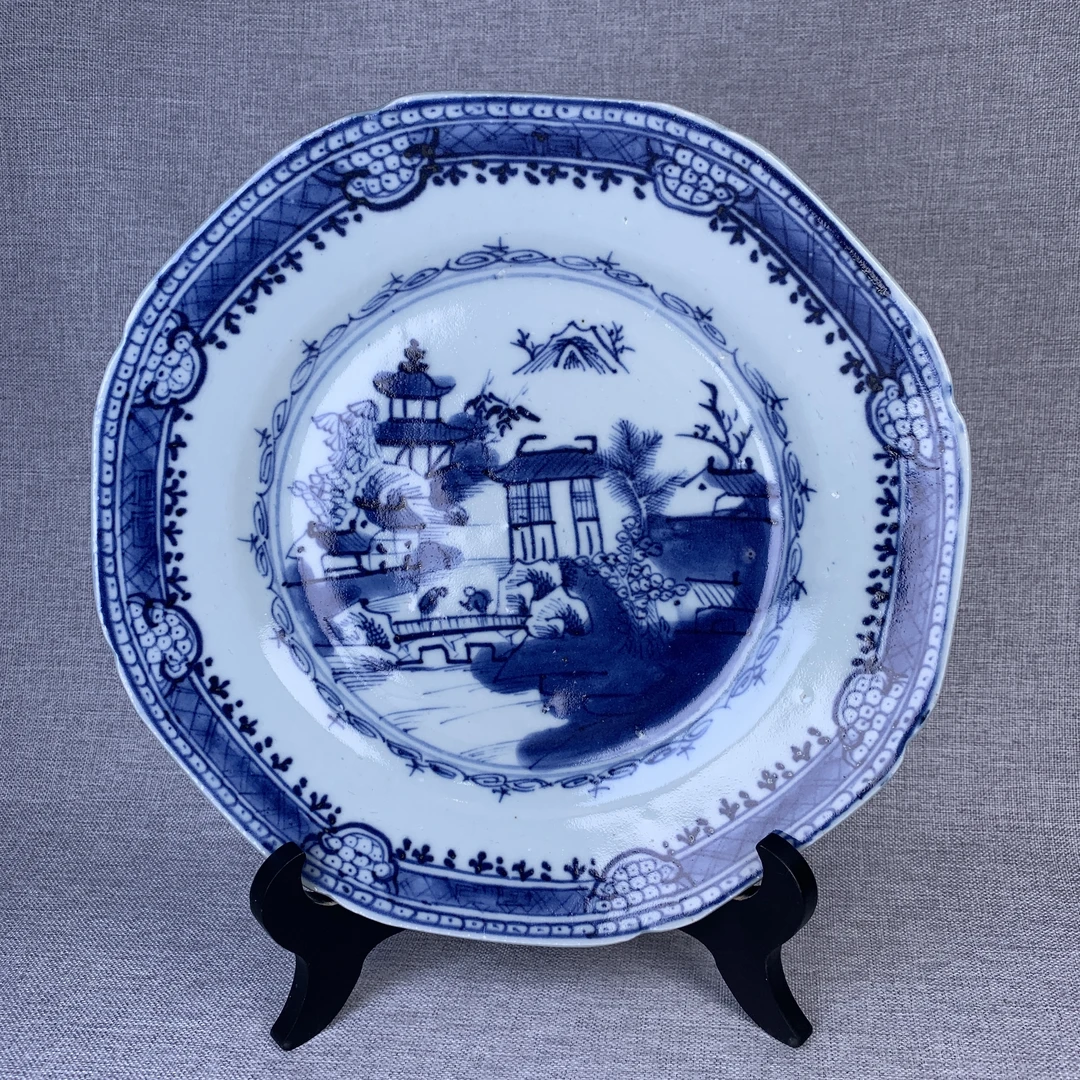 清代青花山水楼阁盘古瓷器真品国营镇江市文物商店库出5128080