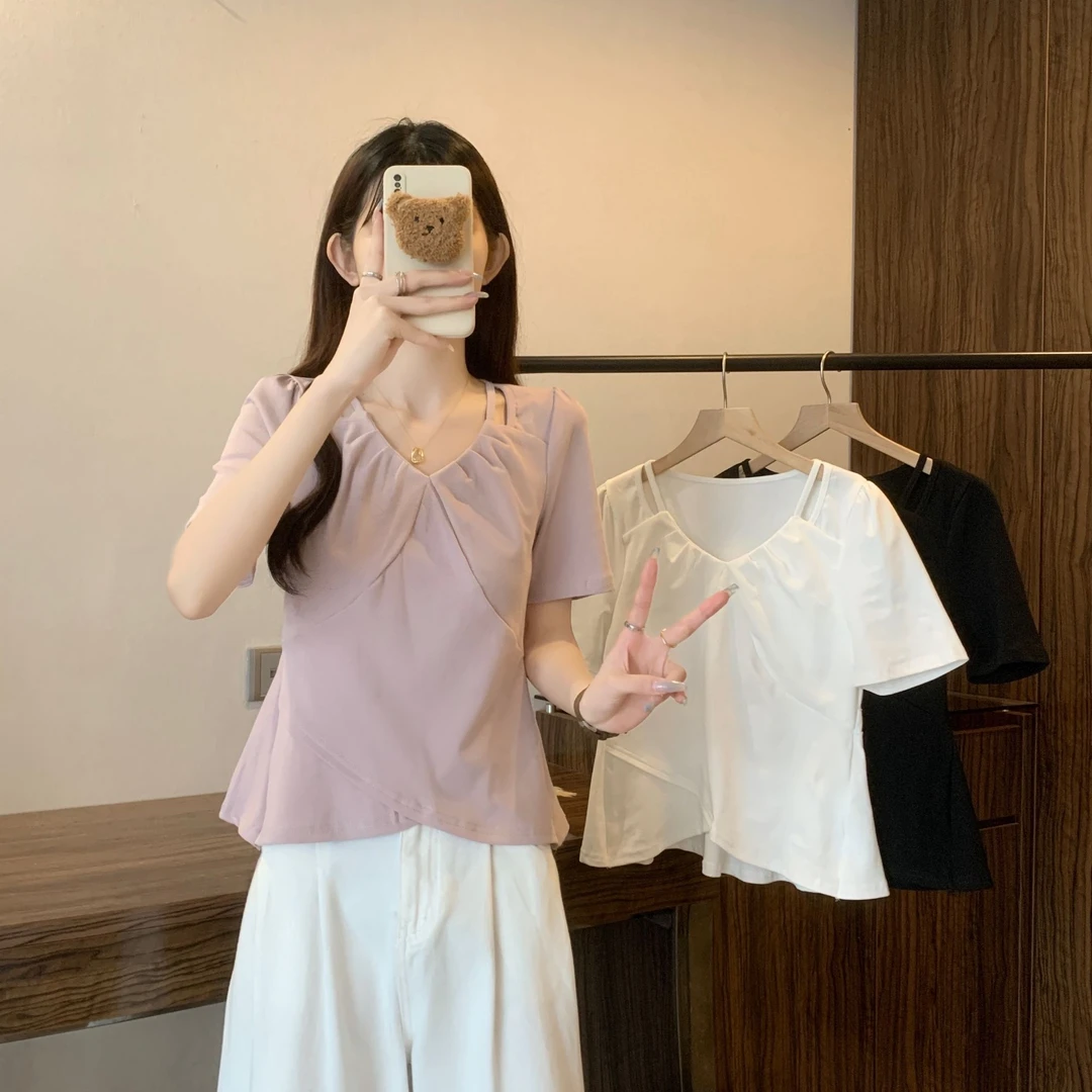 芷蕾大码T恤夏装短袖上衣新款设计感胖妹妹纯半袖小衫显瘦正肩T恤