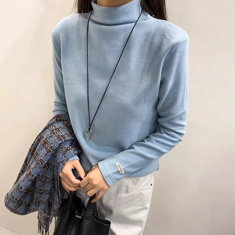 芯娇晴贴标高领磨毛德绒打底衫女欧洲站2025冬装新款欧货加绒T恤