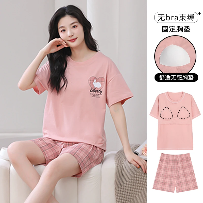 啄木鸟睡衣女夏季纯棉短袖带胸垫2025新款少女甜美学生全棉家居服