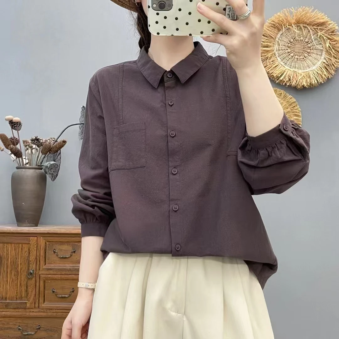2025秋季新款纯棉纯色衬衫休闲百搭宽松长袖上衣女简约显瘦翻领