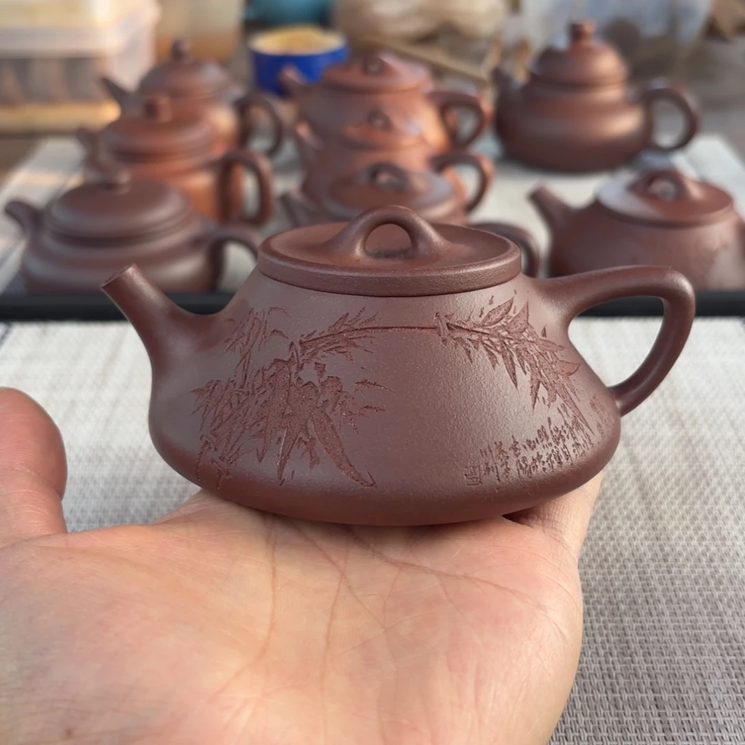 紫砂茶壶半手工老紫泥刻绘曲瓢壶180cc