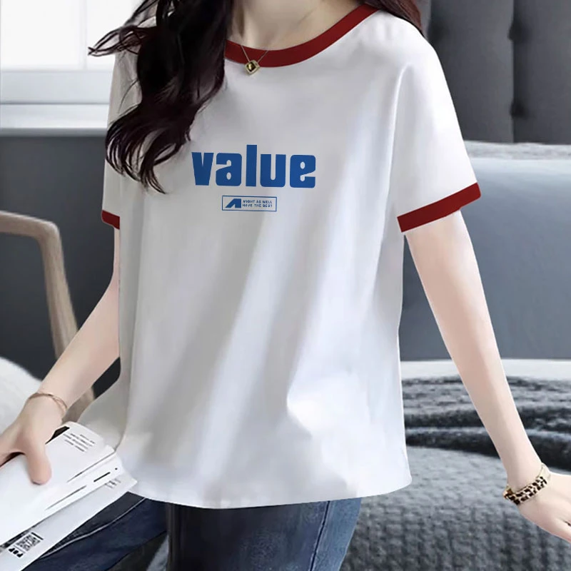 圆领上衣女装新款夏季时尚款洋气显瘦撞色拼接纯棉短袖t恤女ins潮