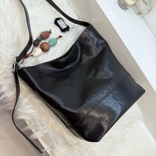 头层水晶植鞣牛皮6128款水桶包托特包纯色斜挎包女士肩包小众复古