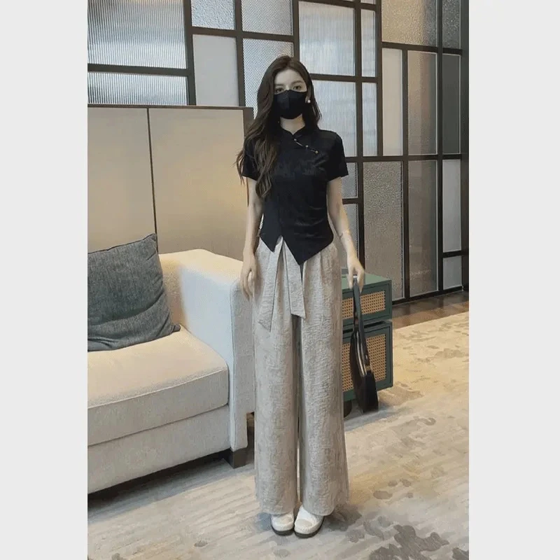 现货/新中式立领短袖国风T恤上衣+高腰直筒阔腿休闲长裤两件套装