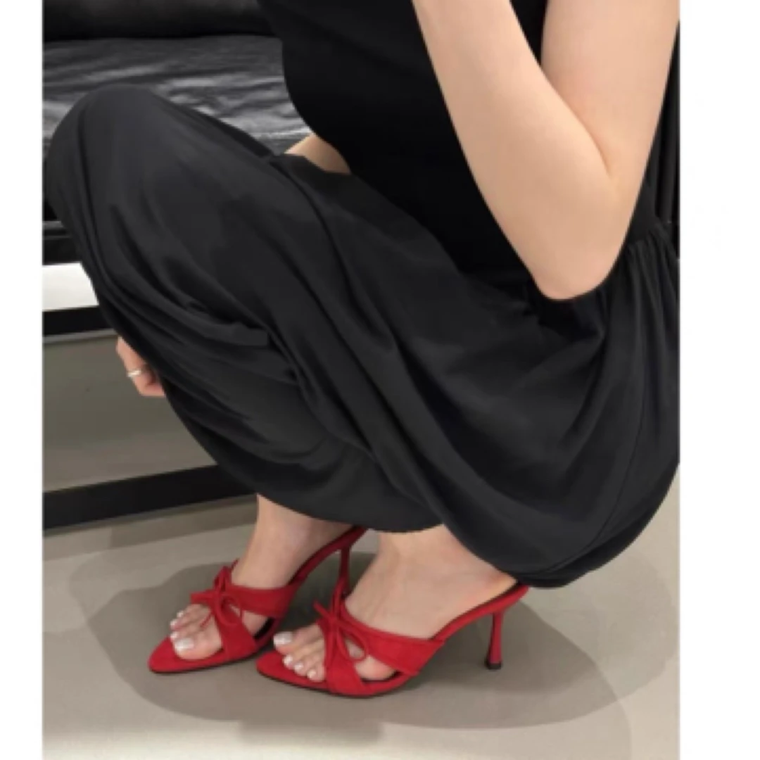 2025夏季新款蝴蝶结法式高跟女鞋小众设计感气质时尚软底细跟凉拖