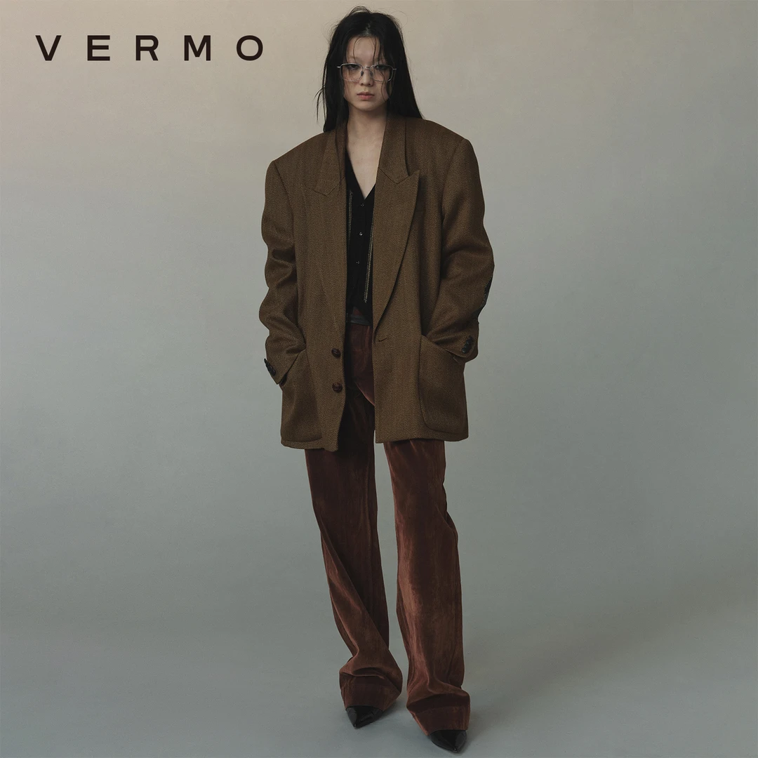 VERMO 复古人字纹皮革补丁 加绒里布宽松深秋西装外套7787