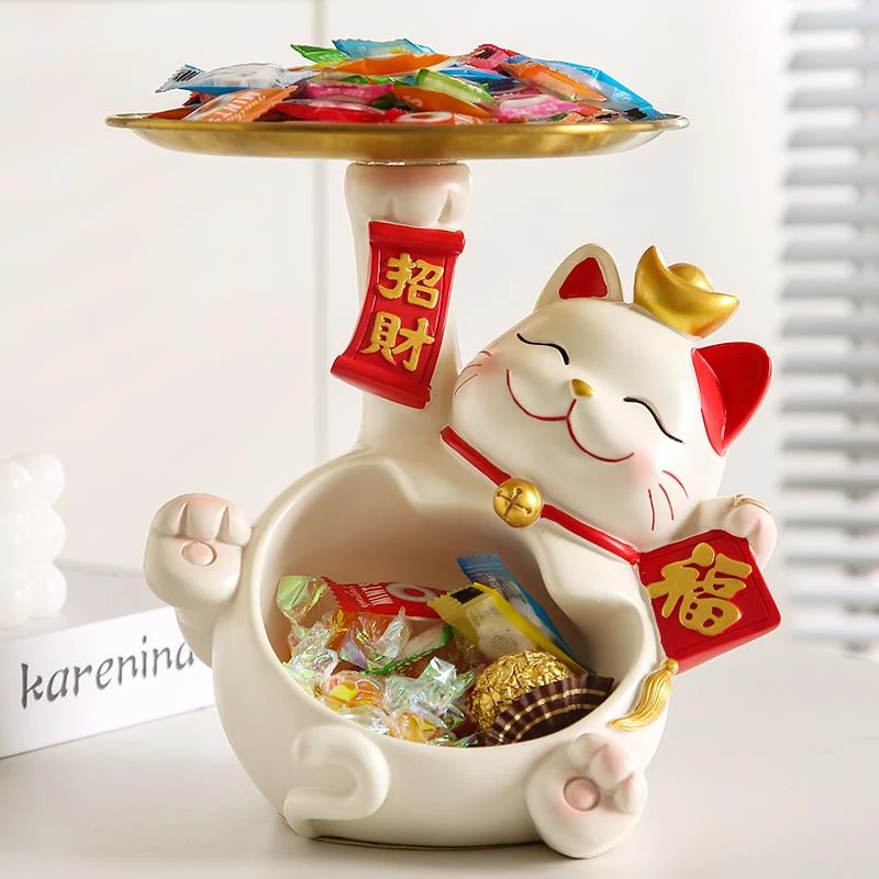 招财猫装放糖果盘子前台接待酒店铺吧台零食树脂水果盘盒开业摆件