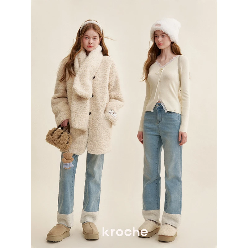 Kroche  慵懒法式 加厚羽丝绒 翻边拼接直筒牛仔裤