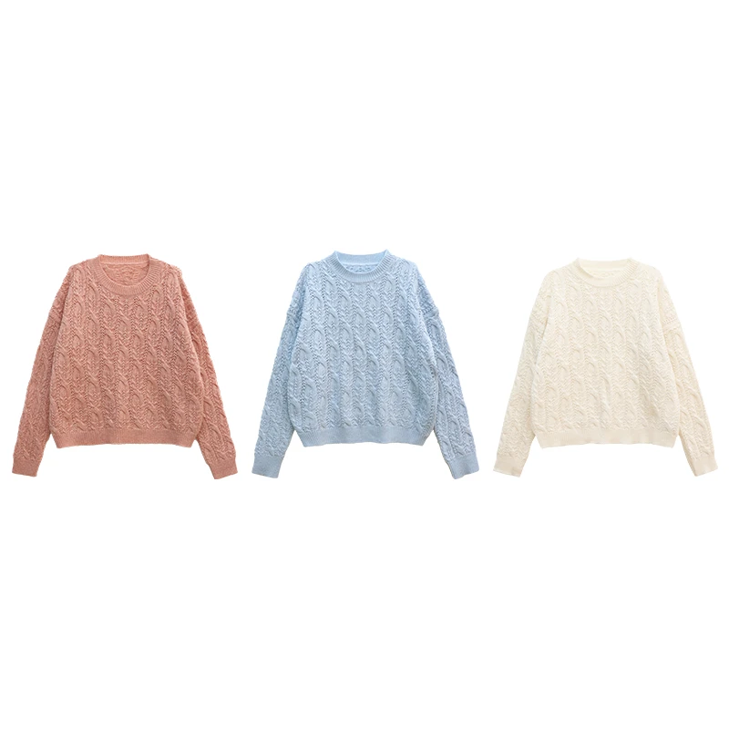 鹿与飞鸟百搭圆领复古秋冬短款绞花时尚蕾丝毛衣秋季针织宽松上衣