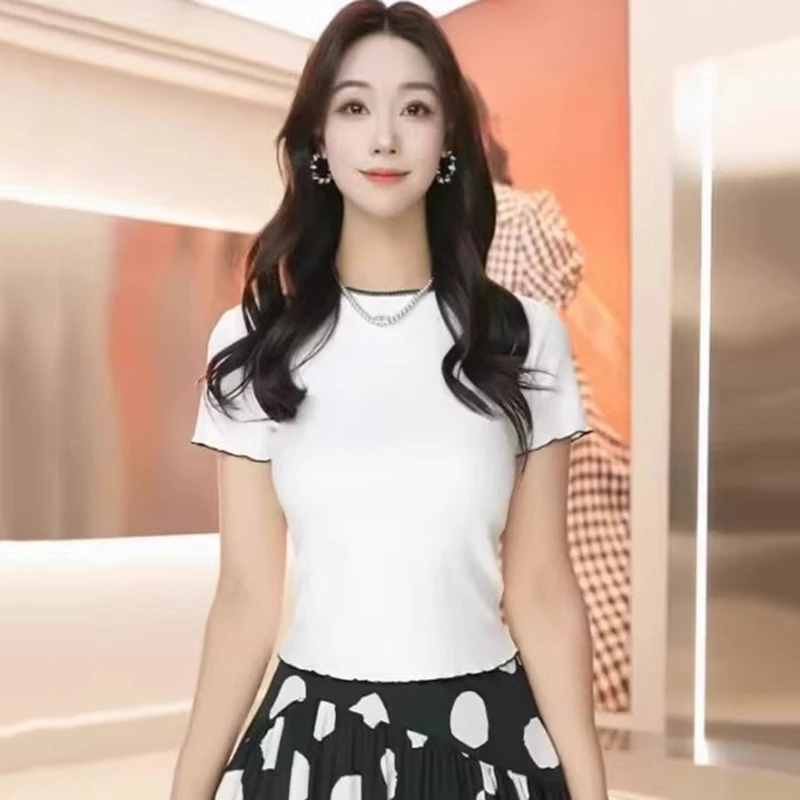商场同款2025夏季新款简约撞色圆领修身显瘦百搭短袖T恤女130026