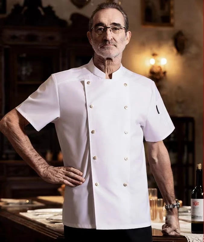 新式短袖厨师工作服高端酒店餐饮薄款透气纯棉厨师服装定制印logo