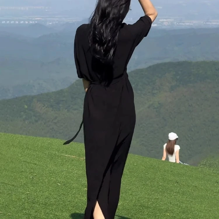 大码法式气质收腰小黑裙胖mm高级感连衣裙女夏季衬衫裙薄款长裙子