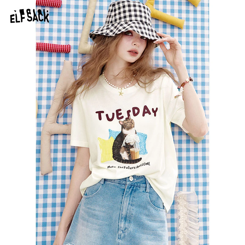 妖精的口袋创意印花正肩短袖t恤2025春修身显瘦内搭上衣25205256