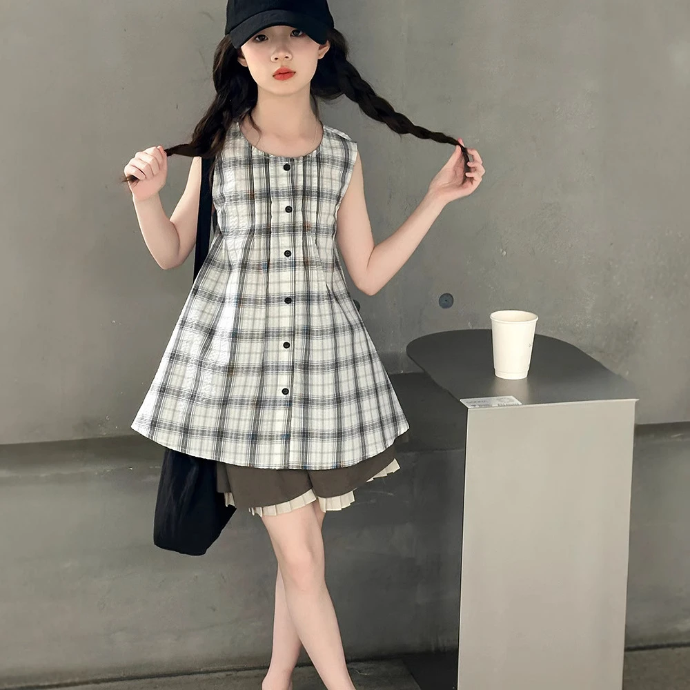 女童夏装2025新款时髦洋气夏季中大童格子背心阔腿裤MKX5150