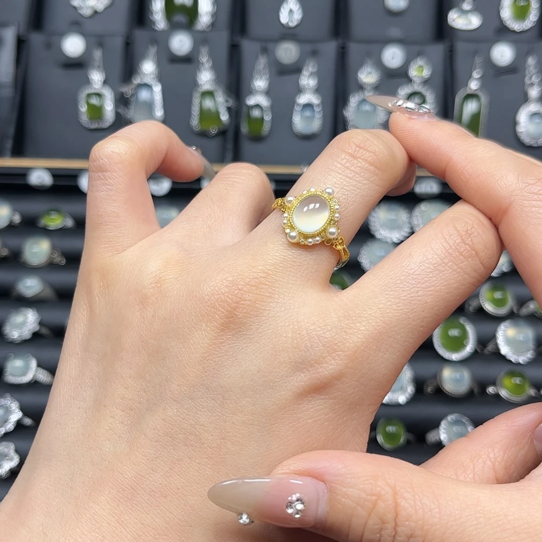 【闪购商品】岫玉戒指银S925镶嵌豆*沙