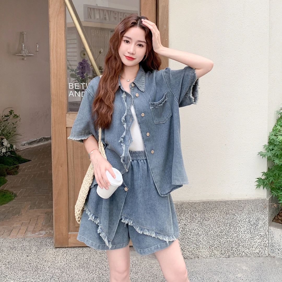 不规则牛仔衬衫下摆流苏裙裤女两件套2025夏时尚显瘦气质牛仔套装