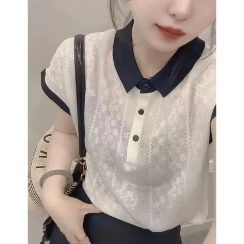 白月光针织短袖上衣女款高级感宽松显瘦薄款透气翻领POLO领上衣女