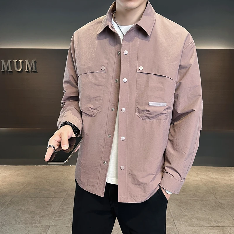 男士翻领长袖春秋季显瘦原色男薄款夹克男装纯色百搭休闲韩版外套