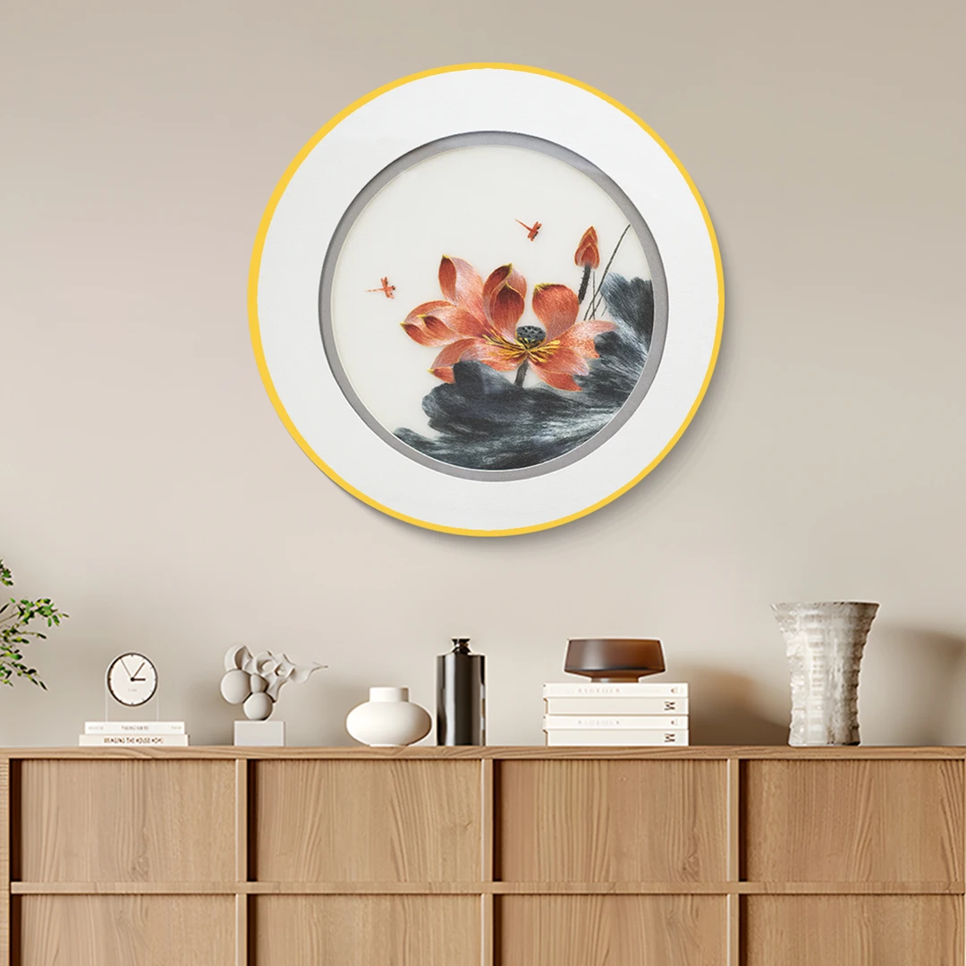 荷花韵刺绣圆形装饰画新中式玄关客餐厅走廊沙发背景画荷花6060