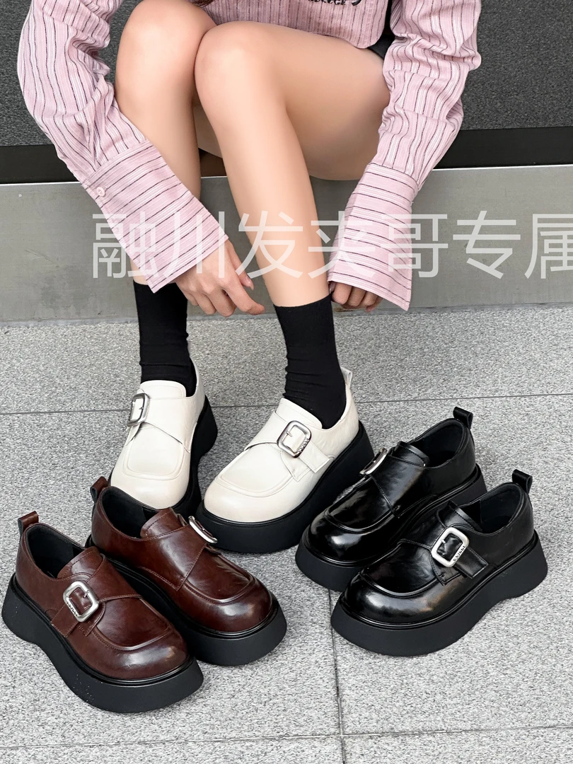 （巴黎恋）2025春季新款百搭魔术贴小皮鞋复古黑色乐福鞋女鞋72090