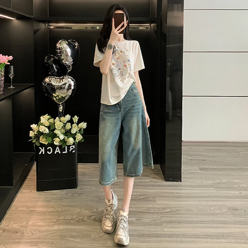 女夏新款休闲运动时尚套装百搭圆领短袖贝壳星星T恤牛仔裤两件套