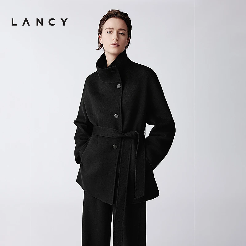 【羊毛羊绒】LANCY/朗姿2025冬新款双面呢优雅立领系带收腰大衣女