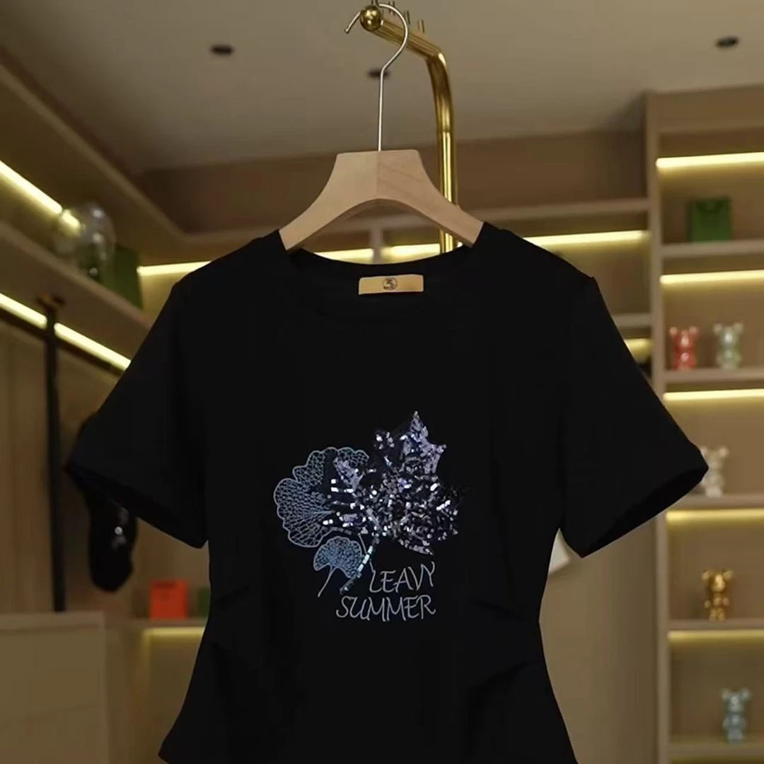 新款圆领枫叶珠片刺绣短袖T恤Q25BT2247