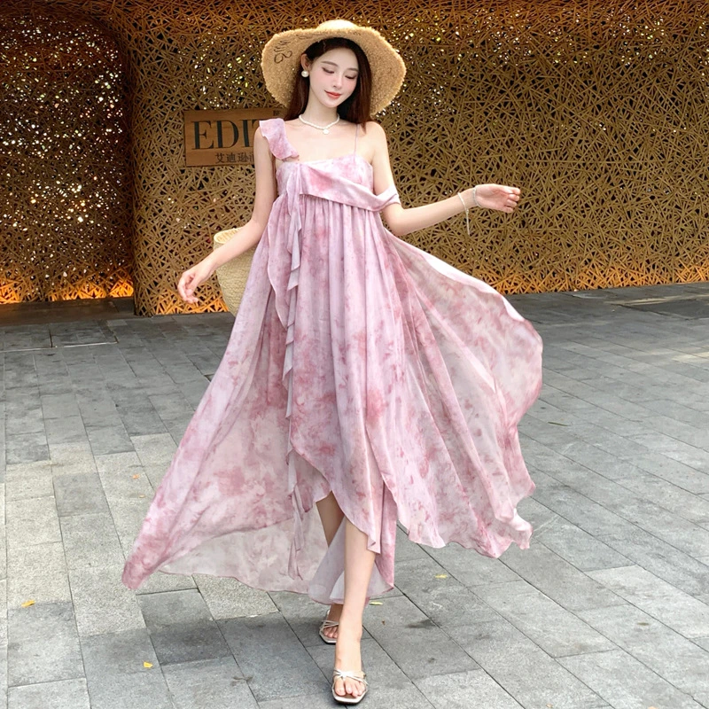 印花雪纺吊带连衣裙女夏季法式复古设计感A字长裙度假飘带裙子