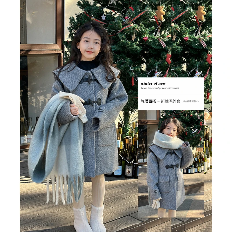 DTC2326女大童韩版牛角扣呢大衣冬装新款女童气质加厚翻领外套潮