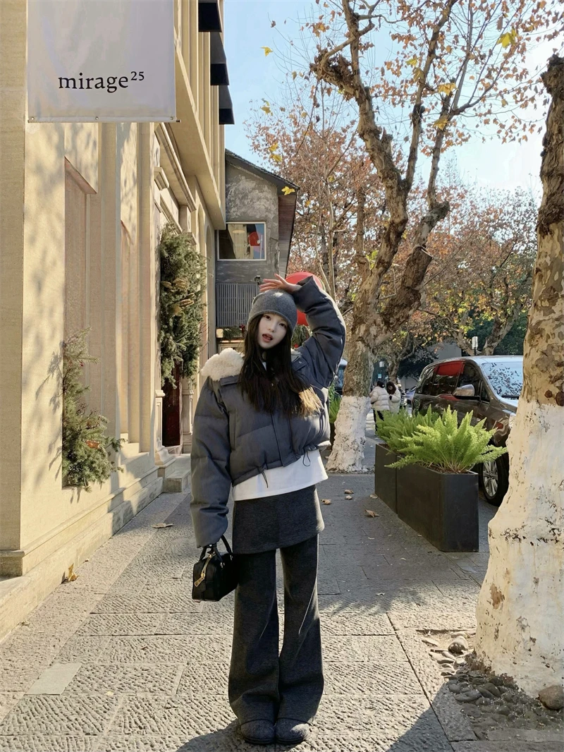 【OPENING自制】短款连帽毛领宽松保暖羽绒服外套