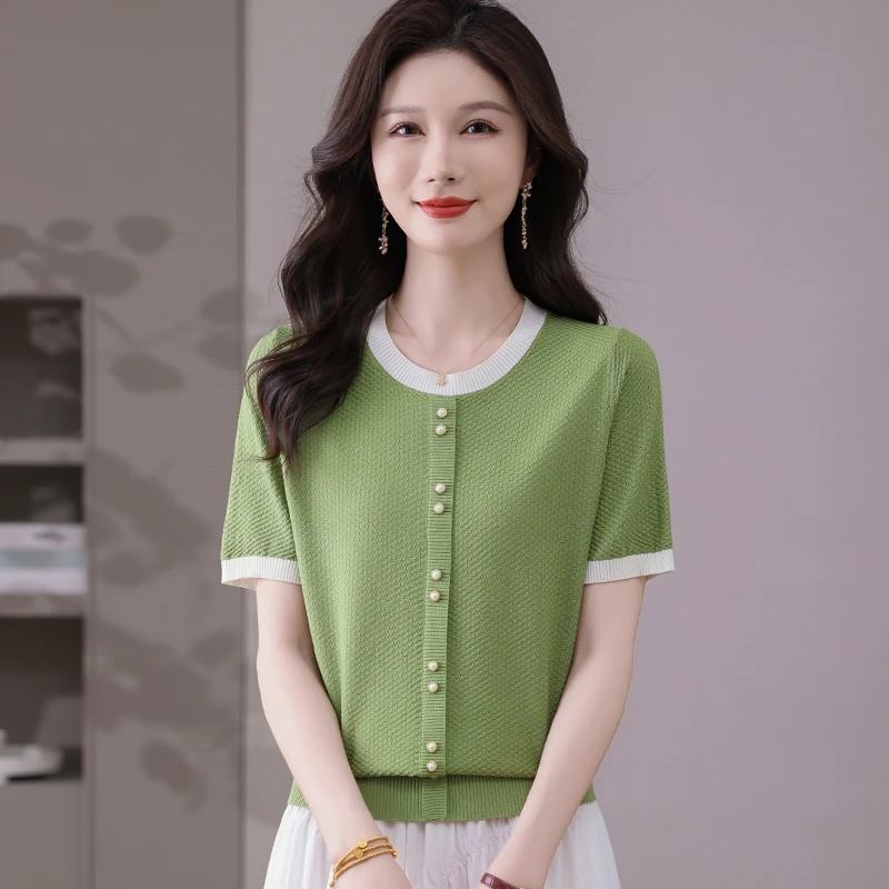 夏季100%天丝女士圆领宽松显瘦套头百搭减龄短款时尚短袖针织衫