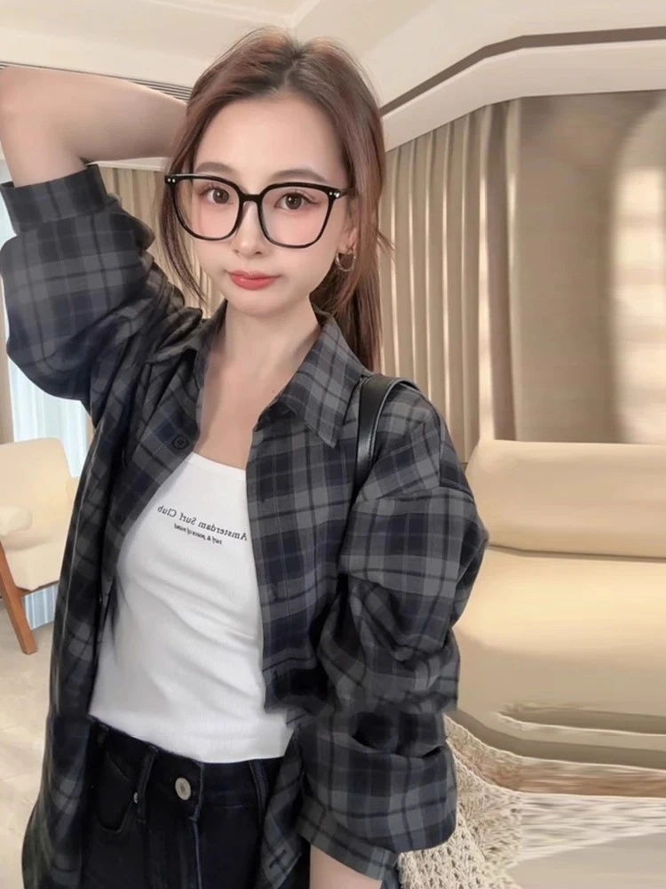 宽松复古格子薄款外套女新款春秋长袖防晒衬衫法式独特精致上衣夏