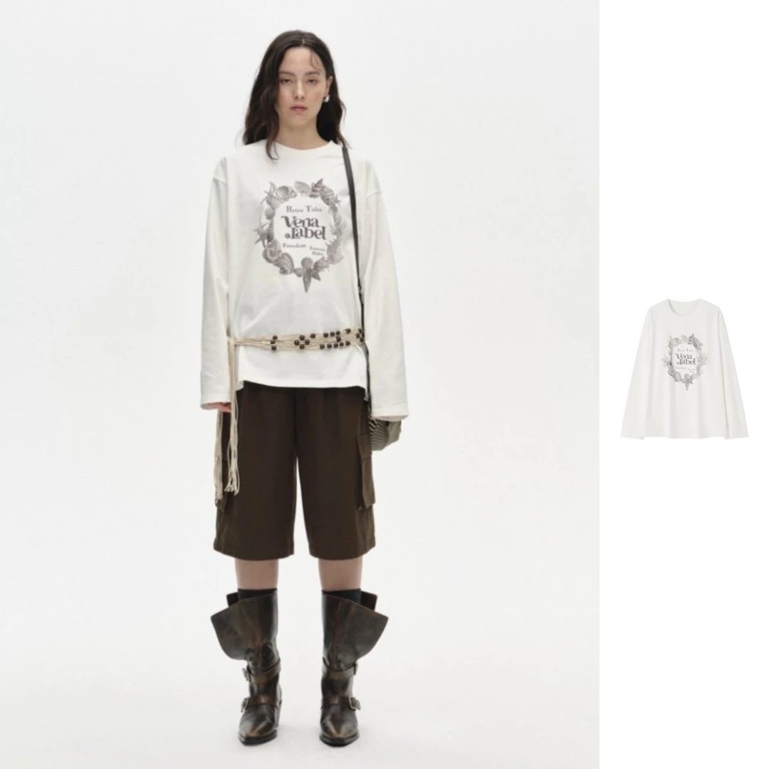 项小七 Vena label  设计师品牌25秋冬长袖休闲风圆领印花T恤休闲