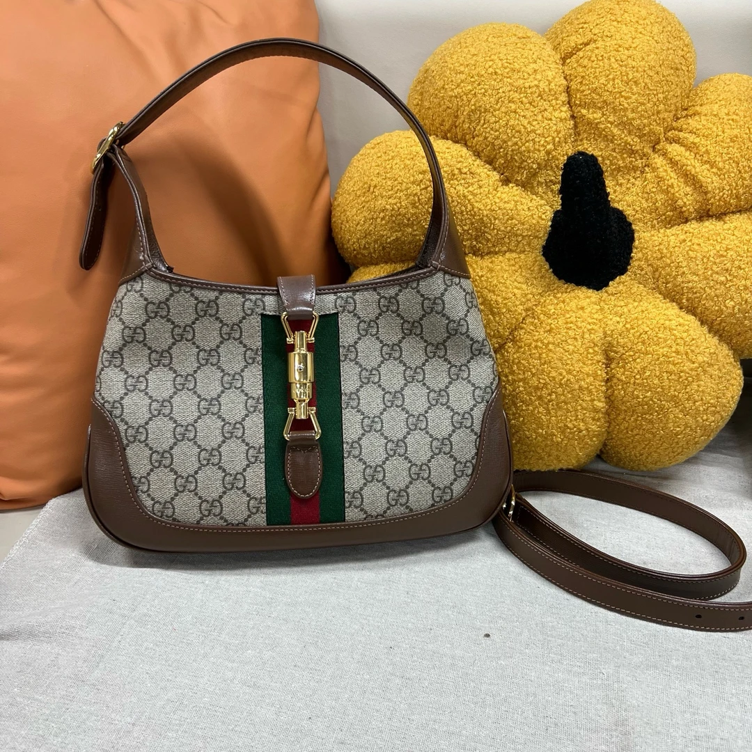 95新 GUCCI/古驰 Jackie 1961系列 经典GG老花 红绿织带 棕色皮革