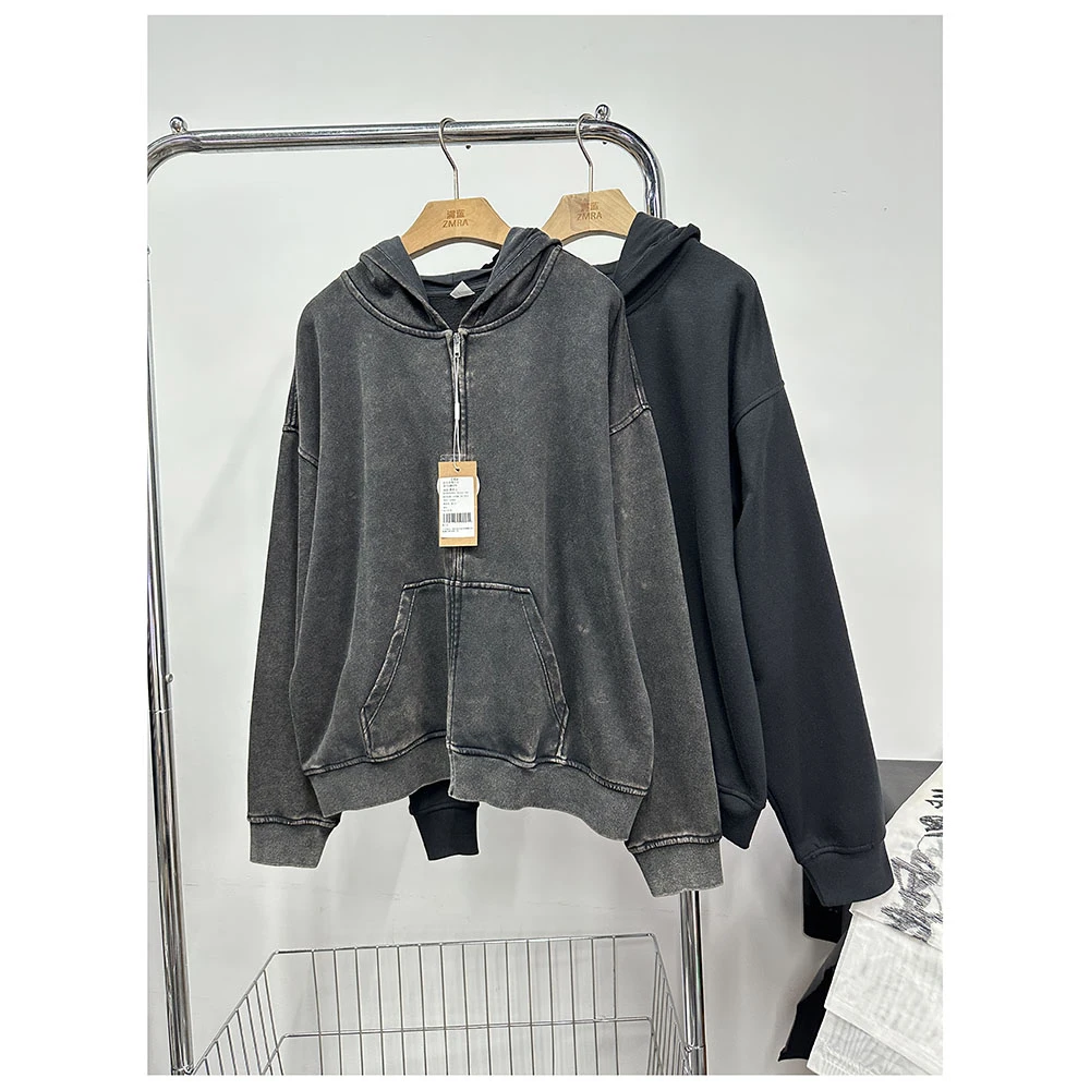 ZM2279秋冬新款女士时尚宽松加绒休闲百搭连帽长袖拉链开衫外套