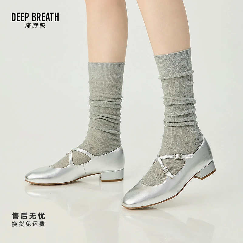 DEEP BREATH深呼吸复古法式粗跟交叉带牛漆皮玛丽珍单鞋AX11158