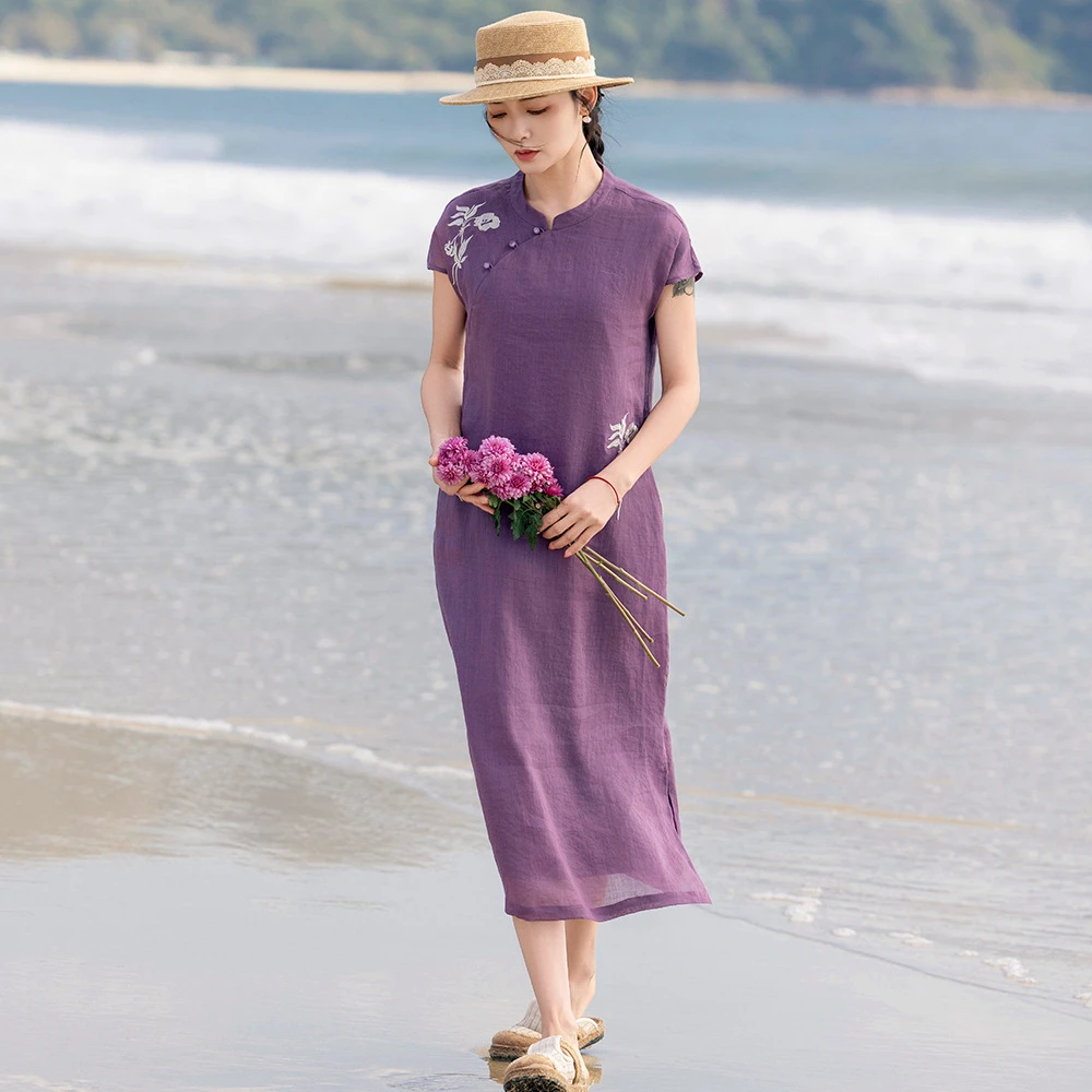 中式改良旗袍裙紫气东来复古苎麻刺绣立领无袖连衣裙夏季复古新款