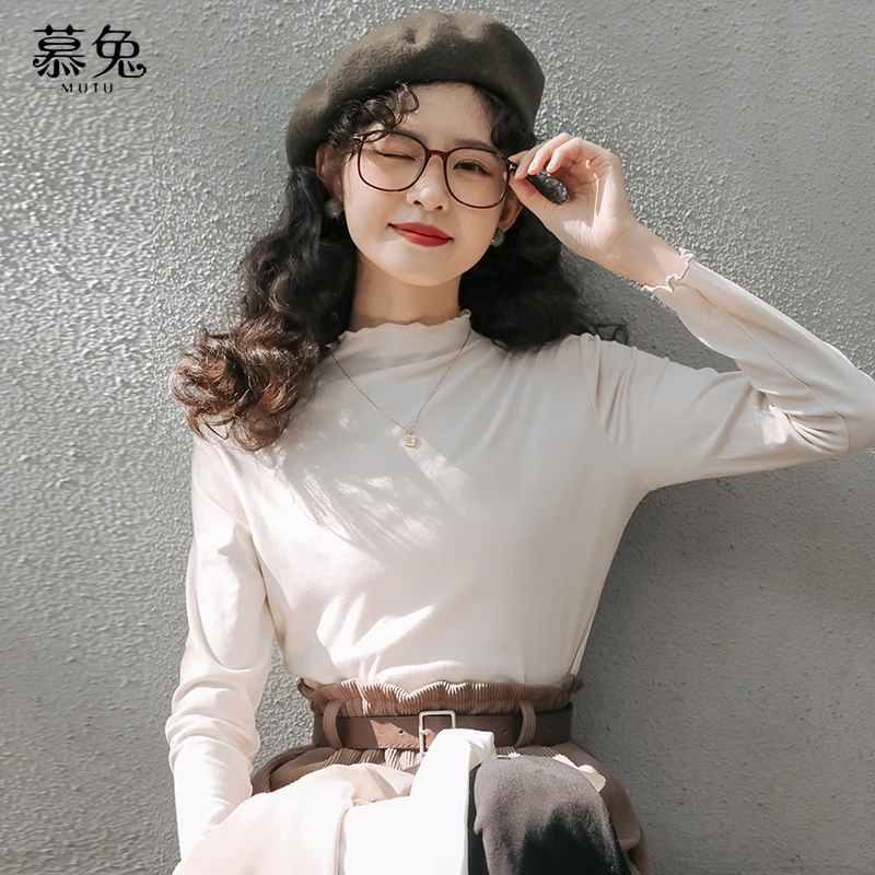 慕兔木耳边纯色内搭打底衫女2025秋季新款洋气半高领长袖百搭毛衣