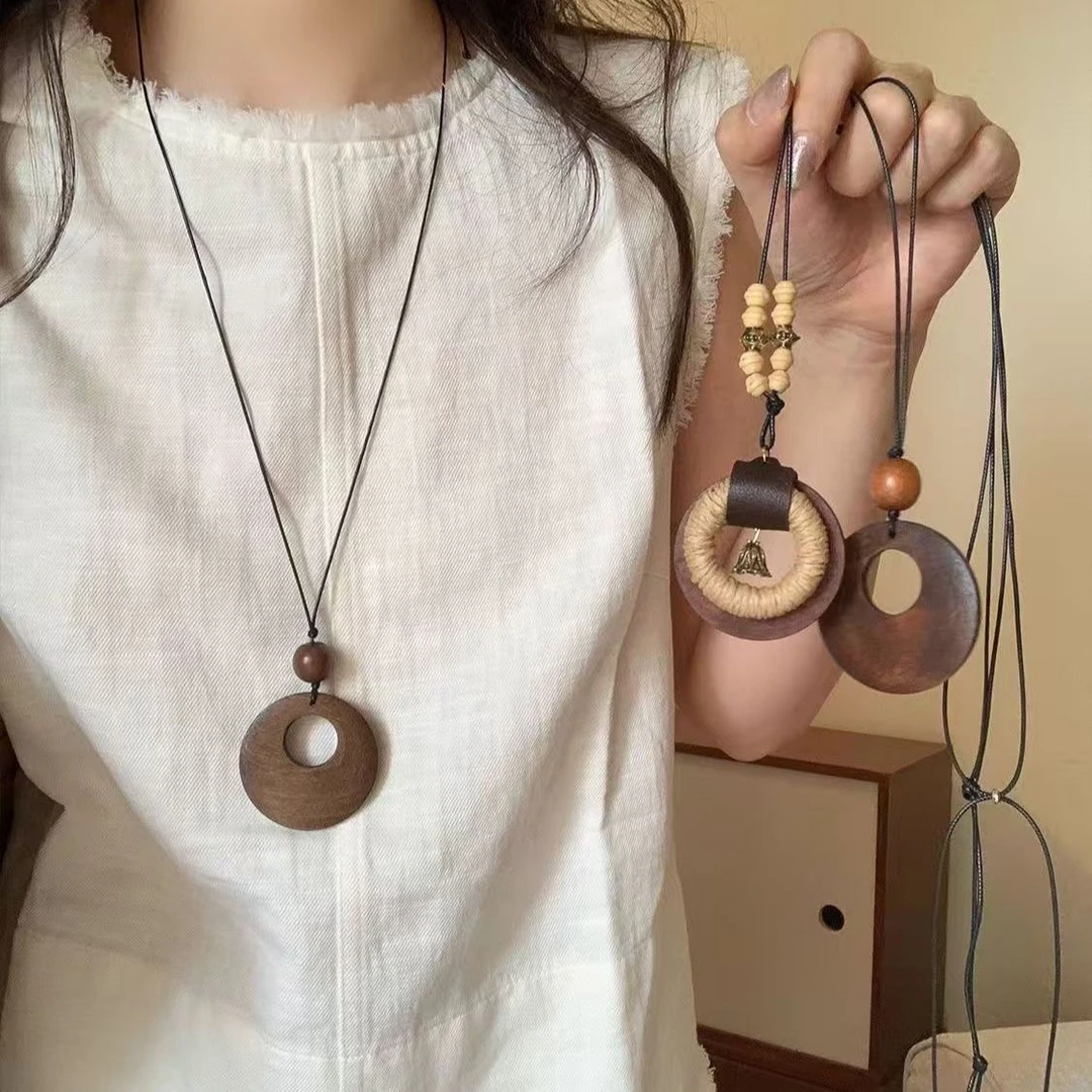 合金木质吊坠 禅意国风长款编织绳木质复古项链女圆环吊坠毛衣链