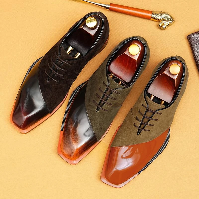 2025新款商务正装皮鞋男款真皮正品翻毛亮面拼接新郎结婚牛津男鞋