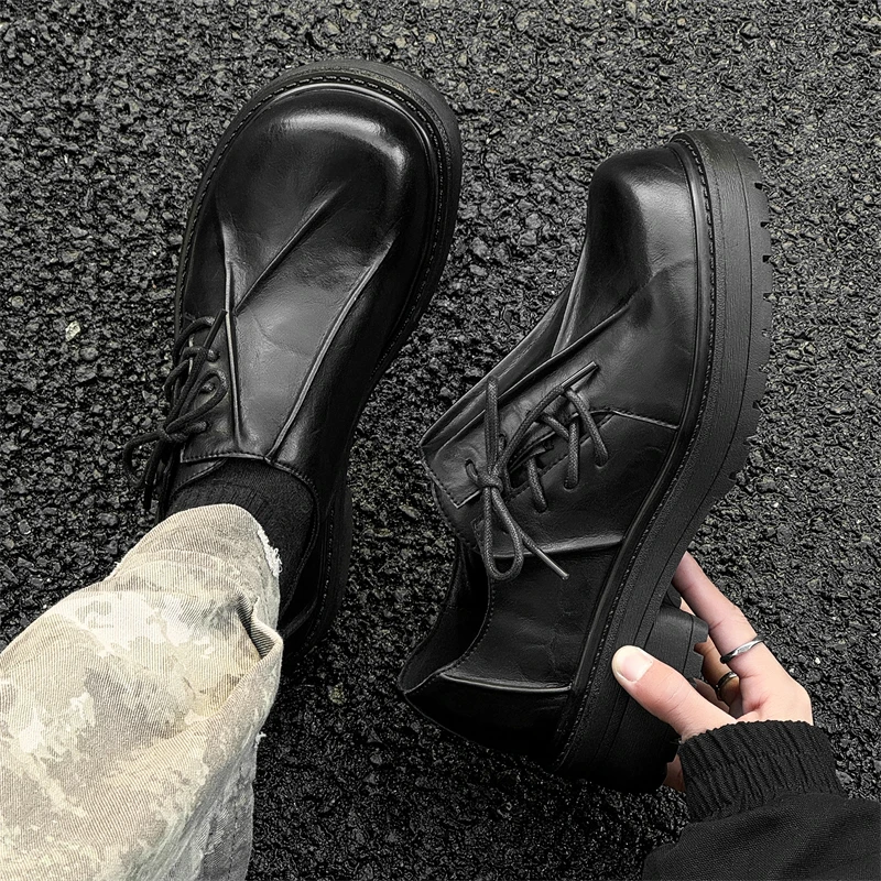 褶皱德比鞋男款黑色增高厚底翘头皮鞋真皮通勤情侣英伦大头鞋